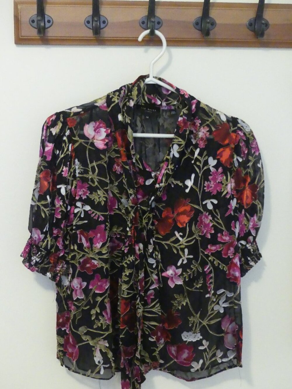 Ted Baker Blouse (M) Black sheer with Floral design